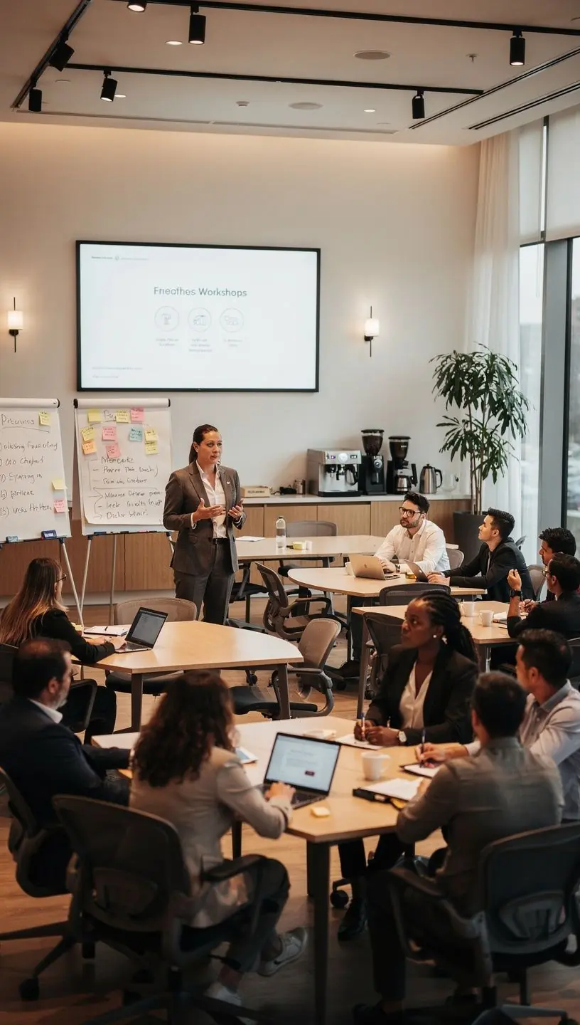 Stylowe wnętrze biura z jasnymi kolorami i naturalnym oświetleniem.