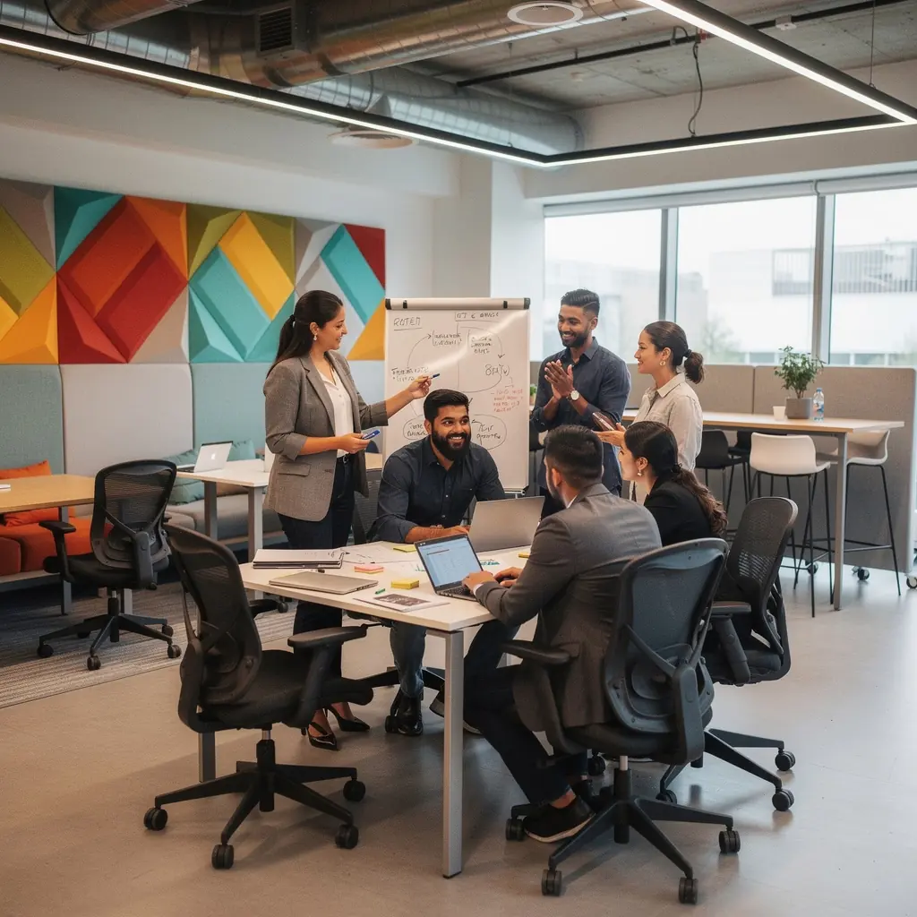 Przejrzysty układ biura z wyznaczonymi ścieżkami komunikacyjnymi.