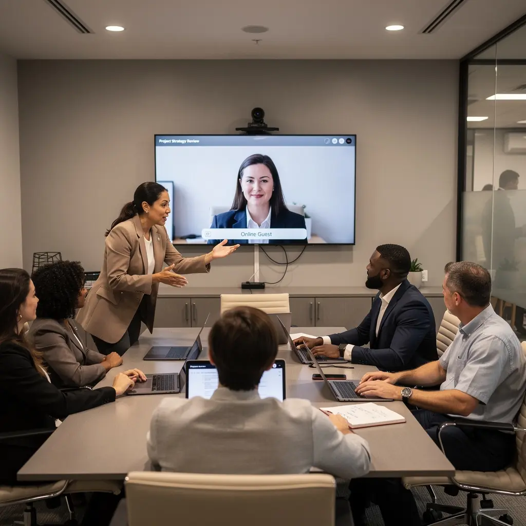 Spotkanie w przestrzeni biurowej z interaktywnymi tablicami i wygodnymi miejscami do siedzenia.